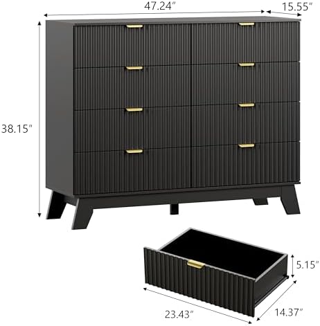 Wodeer 8 Drawer Fluted Dresser for Bedroom, Mid Century Modern Dresser with 8 Drawers, Dressers & Chests of Drawers with Metal Handle, TV Stand & Storage Organizer for Entryway, Hallway, Black - Image 2