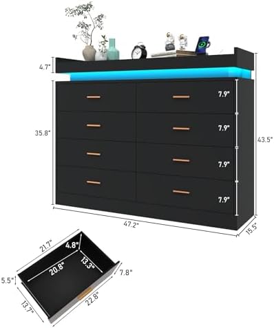Hlivelood 8 Drawer Dresser with LED Light and Charging Station, Modern Chest of Drawers for Closet, Wide Drawer Organizer Cabinet for Bedroom, Living Room, Entryway, Hallway(Black) - Image 2