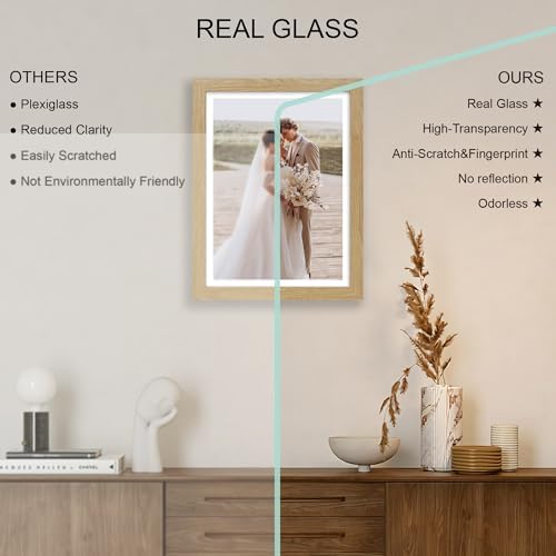 Hongkee 11x15 Picture Frame Set of 4, Made of Real Glass and Natural Oak Frame - Display Picture 10x14 with Mat or 11x15 Without Mat, 11 by 15 Photo for Wall Mounting - Image 4