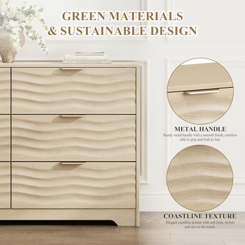 MALOL Coastline Fluted 6 Drawers Dresser for Bedroom, 48" Wide Modern Chest of TV Stand Organizers with Metal Handle, Storage Wooden Dresser Drawer for Living Room, Hallway, Closet, Natural Wood - Image 4