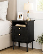 Nightstand, Boho Night Stand with 1 Drawers, Modern Side Accent Table with Open Shelf, Wooden Top Bedside End Table for Bedroom, Living Room, Black - Image 3