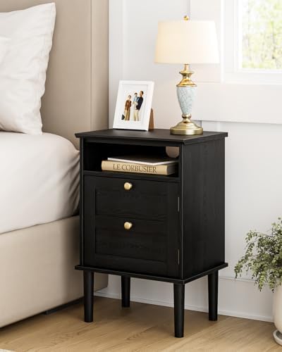 Nightstand, Boho Night Stand with 1 Drawers, Modern Side Accent Table with Open Shelf, Wooden Top Bedside End Table for Bedroom, Living Room, Black - Image 3