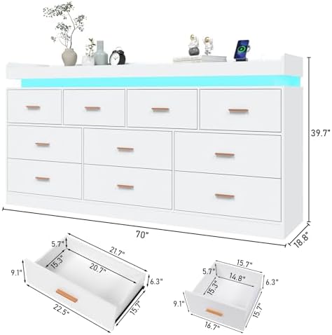 Hlivelood 10 Drawer Dresser with LED Light and Charging Station, Modern Chest of Drawers for Closet, Wide Drawer Organizer Cabinet for, Living Room, Entryway, Hallway, White - Image 2