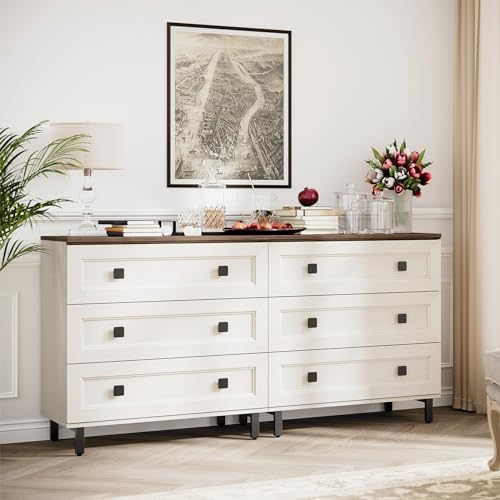 FENSULN Modern White Dresser for Bedroom with 6 Drawers, 2 in 1 Wooden Chest of Drawers with Organizer Storage for Bed Room,Livingroom Hallway by FENSULN