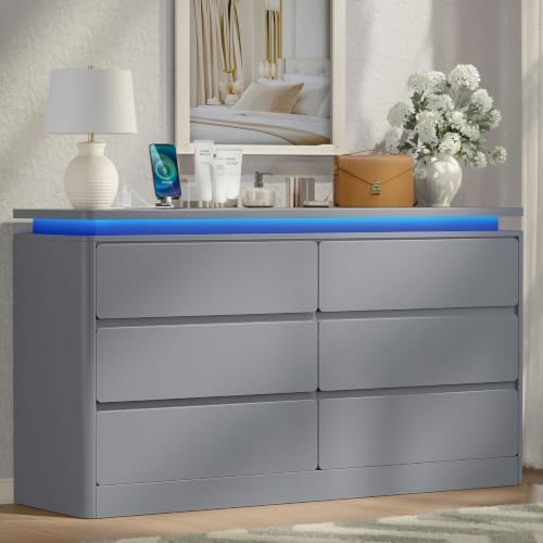 6 Drawer Dresser for Bedroom,47.24" Long Grey Chest of Drawers w/LED Lights by Gyfimoie