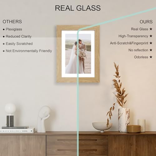 Hongkee 7x10 Picture Frame Set of 4, Made of Real Glass and Natural Oak Frame - Display 5.5 x 8.5 Diploma Frame with Mat or 7x10 Without Mat, 7 by 10 Photo for Wall or Tabletop - Image 4