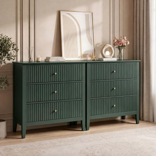 RoyalCraft Large 3 Drawer Dresser Set of 2, Fluted Chest of Drawers with Storage, Modern Painted 30 inch Tall Nightstand for Bedroom Living Room Entryway, Dark Green by Bringyoubetterlife