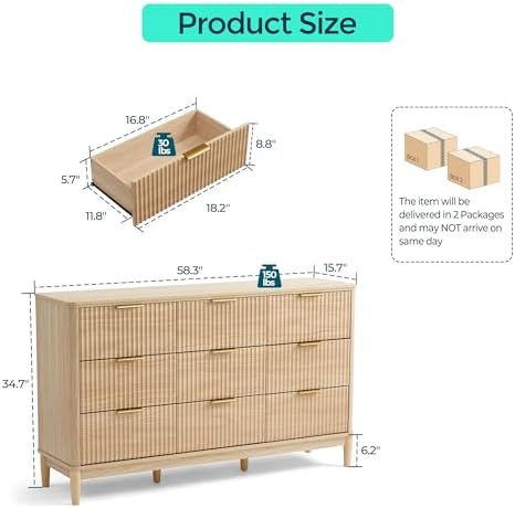 LINSY Fluted 9 Drawer Dresser for Bedroom, 58" Wide Mid-Century Modern Tall Chest of Drawers, Deep Storage Dresser with Curved Corner Design, Large Accent Wood Cabinet for Bedroom, Oak - Image 2