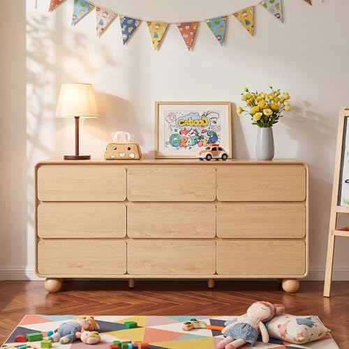 AVZEAR Modern 9 Drawer Dresser for Bedroom, 63" Wide Wooden Dresser Chest of Drawers, Handle Free & Curved Profile Design, Mid Century Closet Clothes Storage Organizer for Living Room, Natural - Image 6