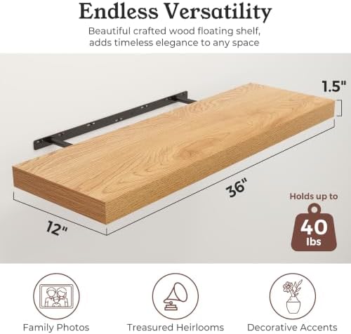 36" Natural Oak Color Floating Shelves 12inch Deep Shelf, Set of 2 - Image 2