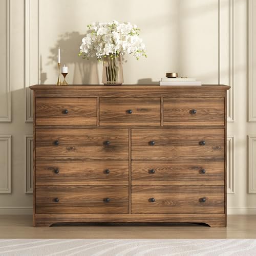 Dresser for Bedroom, 9 Drawer Dresser with Large Drawers, 55 Inch Wide Wood Chest for Living Room, Hallway, Walnut - Image 6