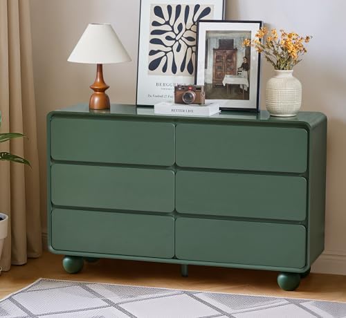 AVZEAR Modern 6 Drawer Green Dresser for Kids Bedroom, 48" Wide Wooden Dresser Chest of Drawers, Handle Free & Curved Profile Design, Mid Century Closet Clothes Storage Organizer for Living Room by AVZEAR