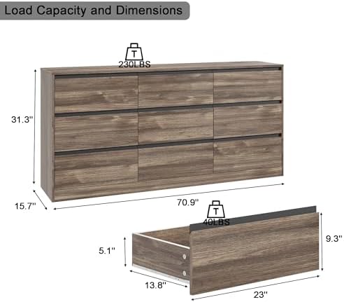 Bobve 70.9” Dresser for Bedroom with 9 Drawers, Large Modern Chest of Drawers Handle Free, Long Wooden Dressers Storage Organizer, Wide Double Dresser for Bedroom, Living Room, Hallway (Walnut) - Image 2