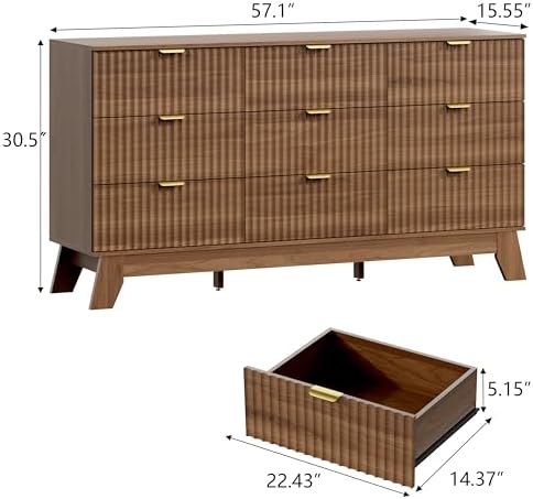 Wodeer 9 Drawer Fluted Dresser for Bedroom, Mid Century Modern Wooden Dresser with 9 Drawers, Dressers & Chests of Drawers with Metal Handle, TV Stand & Storage Organizer for Entryway, Hallway, Walnut - Image 2