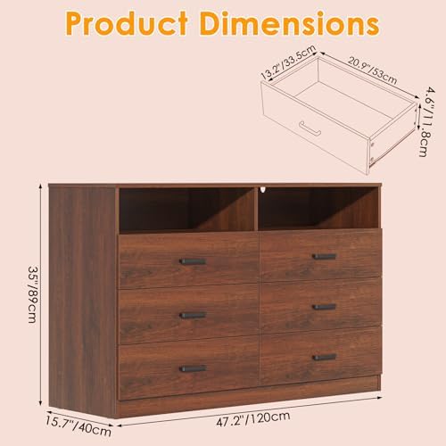 Bigbiglife 6 Drawers Dresser for Bedroom Wooden Drawer with Open Storage Cubby, Double Wide Dresser Organizer for Bedroom, Living Room, Entryway, Hallway (Walnut Brown) - Image 3