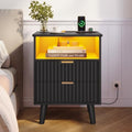 VIAGDO Fluted Nightstand with Charging Station and LED Lights, Modern Night Stand with 2 Drawers and Open Storage Cabinet, Bed Side Table with Gold Metal Handle for Bedroom, Black by VIAGDO