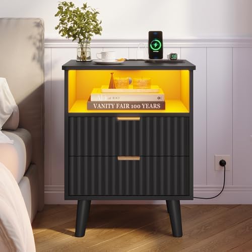 VIAGDO Fluted Nightstand with Charging Station and LED Lights, Modern Night Stand with 2 Drawers and Open Storage Cabinet, Bed Side Table with Gold Metal Handle for Bedroom, Black by VIAGDO
