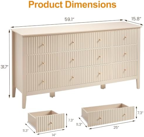 RoyalCraft Fluted Dresser for Bedroom with 9 Drawers, 59" Wide Long Dresser - Image 2