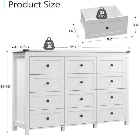 Xixini 59.1" Wide 12-Drawer Farmhouse Dresser for Bedroom, White - Image 3