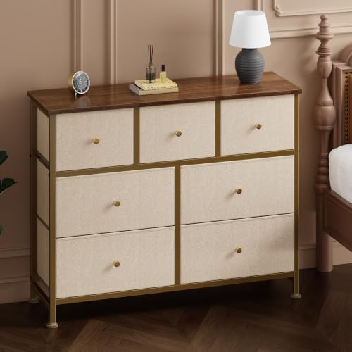 Sweetcrispy 7 Drawer Dresser for Bedroom Storage with Fabric Bins, Khaki - Image 2