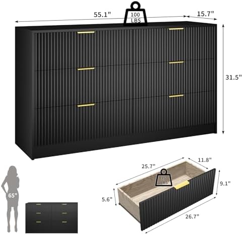 Black Dresser with 6 Drawer 55" Wide Fluted Dresser for Bedroom丨Modern Chest of Drawer with Metal Handles, Wood TV Stand for Bedroom, Living Room, Entryway, Hallway, Black - Image 2