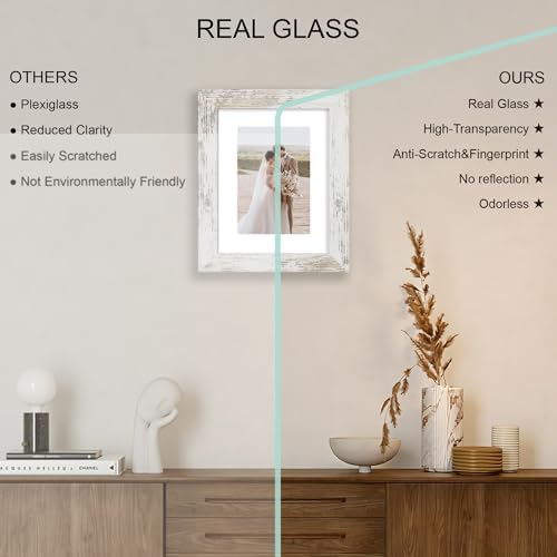 Hongkee 6x8 Picture Frame Set of 4, Made of Real Glass and Distressed White Frame - Display Picture 4x6 with Mat or 6x8 Without Mat, 6 by 8 Photo for Wall or Tabletop - Image 4