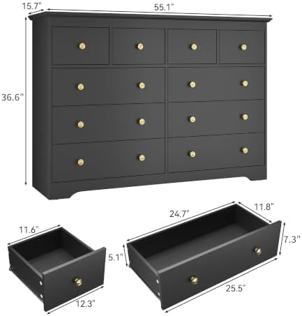 Black Dresser for Bedroom, 10 Drawer Dresser with Large Drawers, 55 Inch Wide Wood Chest for Living Room, Hallway - Image 2