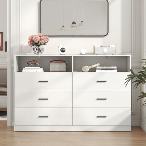 Bigbiglife 6 Drawers Dresser for Bedroom with Open Storage Cubby, Double Wide Dresser Organizer for Bedroom, Living Room, Entryway, Hallway (White) by Bigbiglife