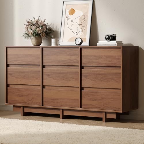 9 Drawer Walnut Dresser for Bedroom,59" Wide Mid Century Modern Dresser by SINROM