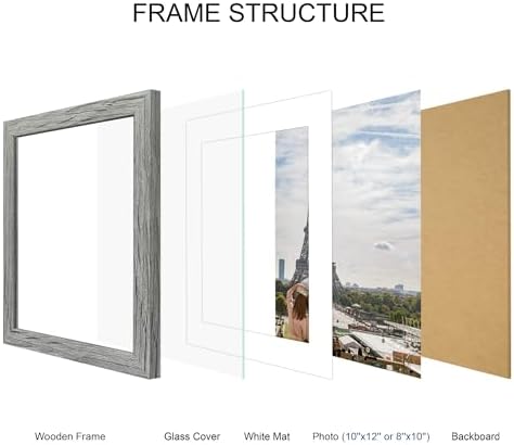Hongkee 10x12 Picture Frame Set of 4, Made of Real Glass and Grey Frame - Display Picture 8x10 with Mat or 10x12 Without Mat, 10 by 12 Photo for Wall Mounting - Image 3