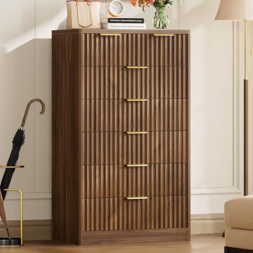 TEENOFN Fluted Dresser for Bedroom with 7 Drawers, 48" Tall Modern Chest of Drawers with Metal Handle, Wooden Dresser TV Stand, Wood Closet Clothes Storage Organizer for Living Room, Hallway, Walnut by TEENFON