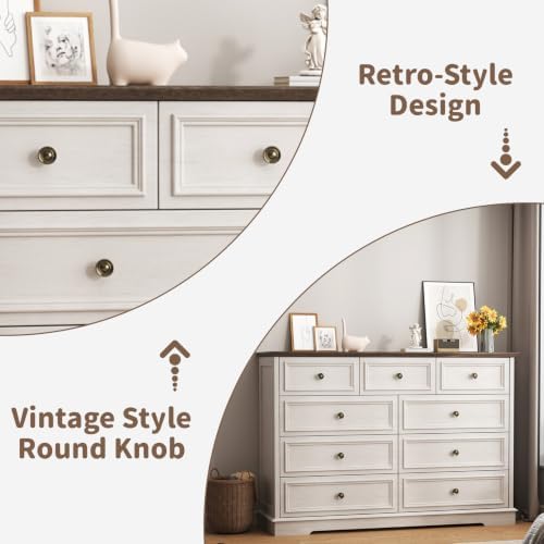51" Wide Farmhouse 9 Drawer Dresser for Bedroom, Rustic White - Image 6