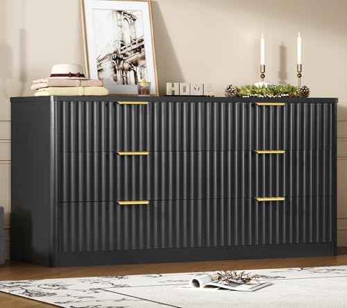 TEENFON Fluted 6 Drawer Dresser for Bedroom, Wide Modern Chest of Drawers with Metal Handle, Curved Profile Design, Wood Closet Clothes Storage Organizer for Bedroom, Living Room, Hallway, Black by TEENFON