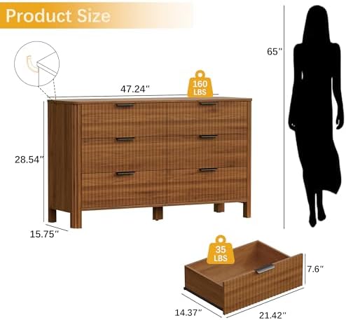 Wodeer 6 Drawer Dresser for Bedroom, 47" Wide Wood Storage Cabinet with Fluted Design, Modern Chest of Drawers & TV Stand for Living Room, Nursery Clothing Organizer with Metal Slides, Anti-Tipping - Image 2