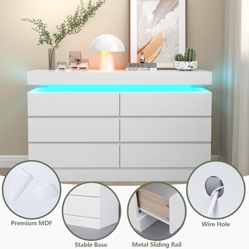 Gyfimoie 6 Drawer Dresser with Power Outlet, Dresser with LED Light - Image 6