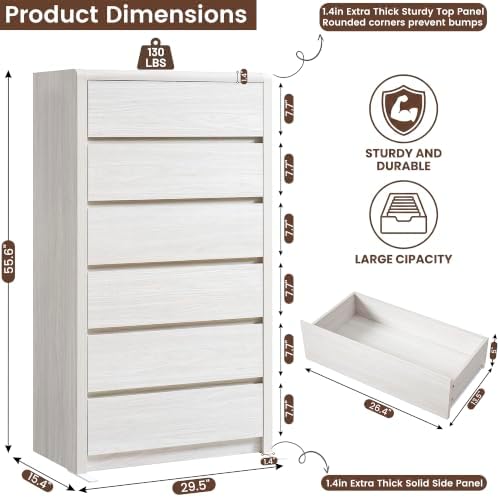 White Dresser for Bedroom, 55.6” Tall Dresser for Closet, Modern Dresser with 6 Drawers, Chest of Drawers Bedroom Furniture, Front Curved & Handleless Design, Wooden Dresser Living Room - Image 2