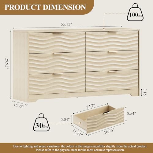 MALOL 6 Drawer Dresser for Bedroom,55" Wide Large Wooden Storage Organizer Chest of Drawers,Modern Wooden Closet Storage Chest/TV Stand with Metal Handles,for Living Room,Hallway,Entryway,NaturalWood - Image 2
