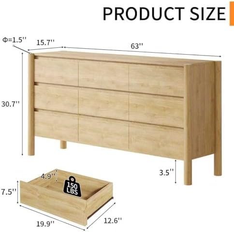 HOUROM Oak Dresser for Bedroom,63" Wide 9 Drawer Mid Century Modern Chest - Image 2
