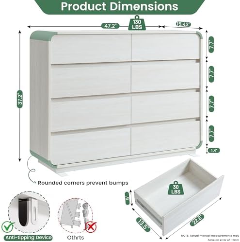 Standifurno 47’’ Wide Dresser with 8 Drawers, White Chest of Drawers with Deep Drawers & Handleless, Wooden Storage Organizer for Bedroom, Living Room, Hallway - Image 2