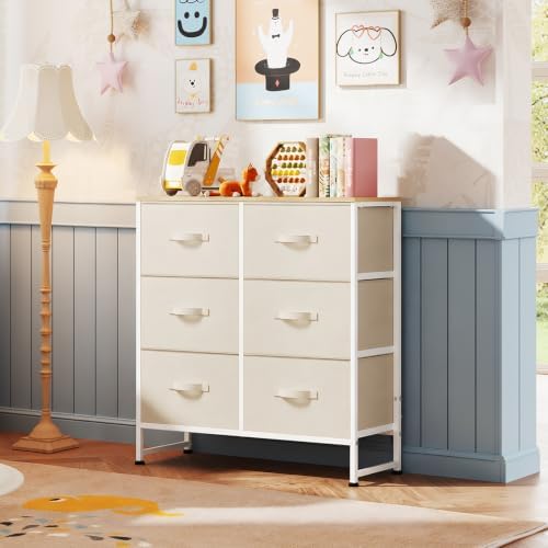 WLIVE Beige Fabric Dresser for Bedroom, 6 Drawer Dressers, Chest of Drawers - Image 2