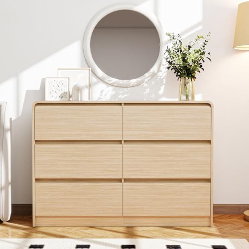 Vibe & Dine 6 Drawer Dresser, Modern Wooden Dressers & Chests of Drawers with Arc Edge Design, 47" Wide Dresser for Closet, Entryway, Bedroom, Natural Wood - Image 5