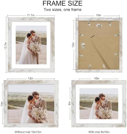 Hongkee 10x12 Picture Frame Set of 4, Made of Real Glass and Distressed White Frame - Display Picture 8x10 with Mat or 10x12 Without Mat, 10 by 12 Photo for Wall Mounting - Image 2