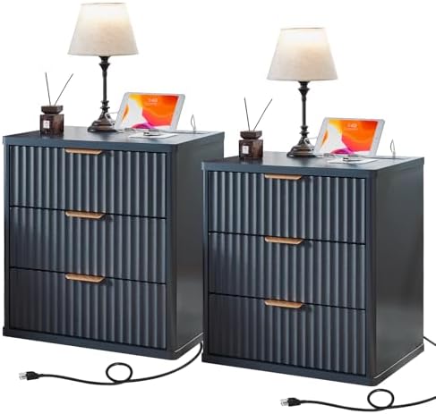 LEYAOYAO Fluted Nightstand Set of 2 with Charging Station,23" Modern Nightstand with Woodgrain Top, 3 Drawer End Table w/Storage, BedsideTables for Bedroom, Living Room, Curved Profile,Blue by LEYAOYAO-Findtheshiningpointofyourideallife%EF%BC%81