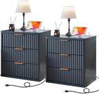 LEYAOYAO Fluted Nightstand Set of 2 with Charging Station,23" Modern Nightstand with Woodgrain Top, 3 Drawer End Table w/Storage, BedsideTables for Bedroom, Living Room, Curved Profile,Blue by LEYAOYAO-Findtheshiningpointofyourideallife%EF%BC%81