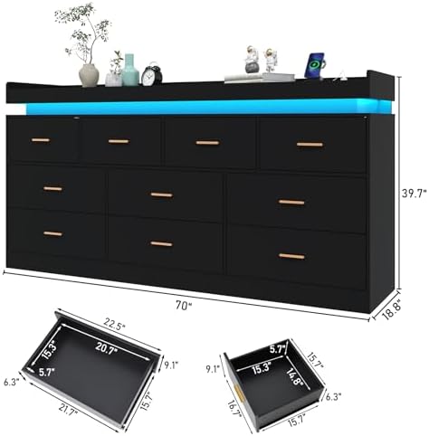 Hlivelood 10 Drawer Dresser with LED Light and Charging Station, Modern Chest of Drawers for Closet, Wide Drawer Organizer Cabinet, Living Room, Entryway, Hallway, Black - Image 2