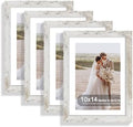 10x14 Picture Frame Set of 4, Made of Glass and Distressed White Wooden Frame, Display 8x12 Pictures with Mat or 30 x 40cm Diamond Painting Art without Mat for Wall Mounting, Gallery Photo Frames by Hongkee