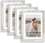 10x14 Picture Frame Set of 4, Made of Glass and Distressed White Wooden Frame, Display 8x12 Pictures with Mat or 30 x 40cm Diamond Painting Art without Mat for Wall Mounting, Gallery Photo Frames by Hongkee