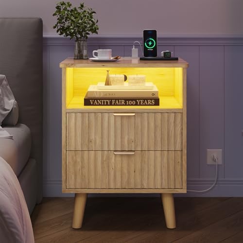VIAGDO Fluted Nightstand with Charging Station and LED Lights, Modern Night Stand with 2 Drawers and Open Storage Cabinet, Bed Side Table with Gold Metal Handle for Bedroom, Natural Oak - Image 6