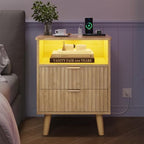 VIAGDO Fluted Nightstand with Charging Station and LED Lights, Modern Night Stand with 2 Drawers and Open Storage Cabinet, Bed Side Table with Gold Metal Handle for Bedroom, Natural Oak - Image 6