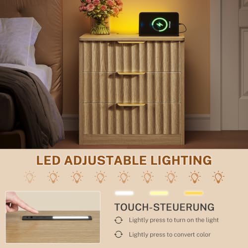 TEENFON Fluted Night Stand with 3 Storage Drawers, Nightstand with Charging Station and LED Light, Bedside Table for Small Space, Bedroom, Natural - Image 6